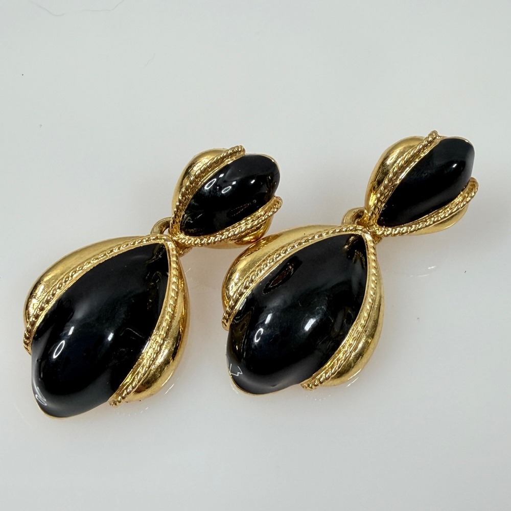 VINTAGE Anne Klein Gold Tone Earrings Black Enamel Pierced 1980s 1.5"